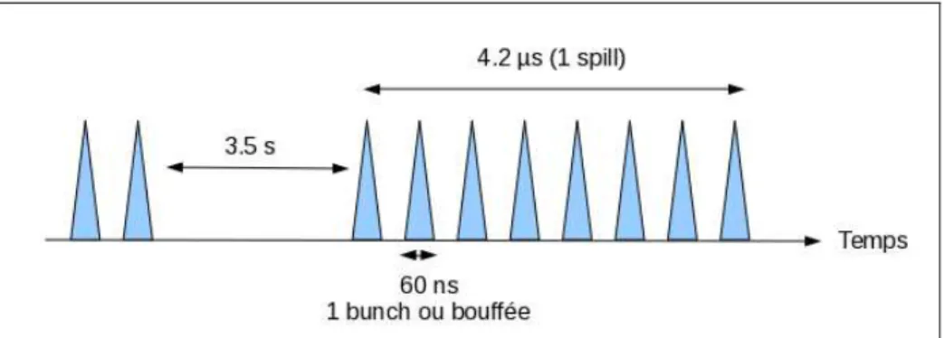Figure 5.5 – Structure temporelle du faisceau. Chaque pic bleu correspond à une bouffée du faisceau.