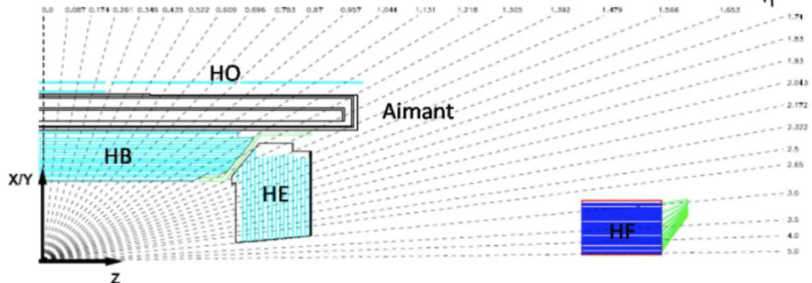 Figure 2.13 – Coupe transverse des diff´erents ´el´ements constituant le HCAL, vue 1/4.