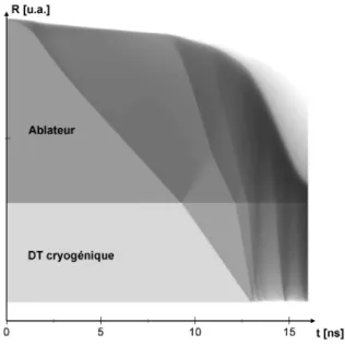 Figure 2.7 : Trajectoire lagrangienne des quatre chocs dans une cible type LMJ