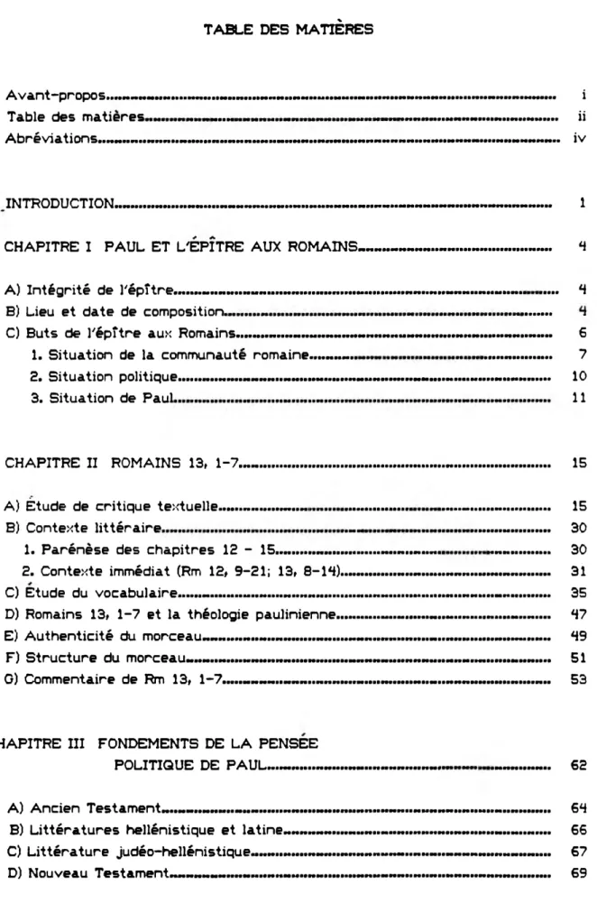 TABLE  DES MATIÈRES