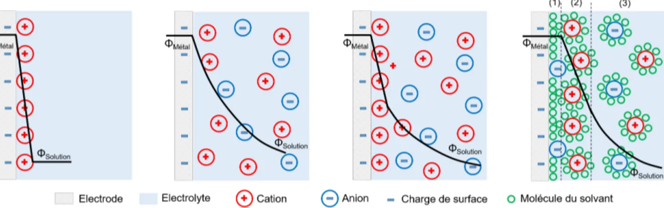 Figure 2.23 Représentation schématique des modèles de double couche électro- électro-chimique (de gauche à droite) Helmholtz, Gouy-Chapman, Stern et BDM, avec (1) couche interne d’Helmholtz, (2) couche externe d’Helmholtz et (3) couche diffuse de Gouy-Chap