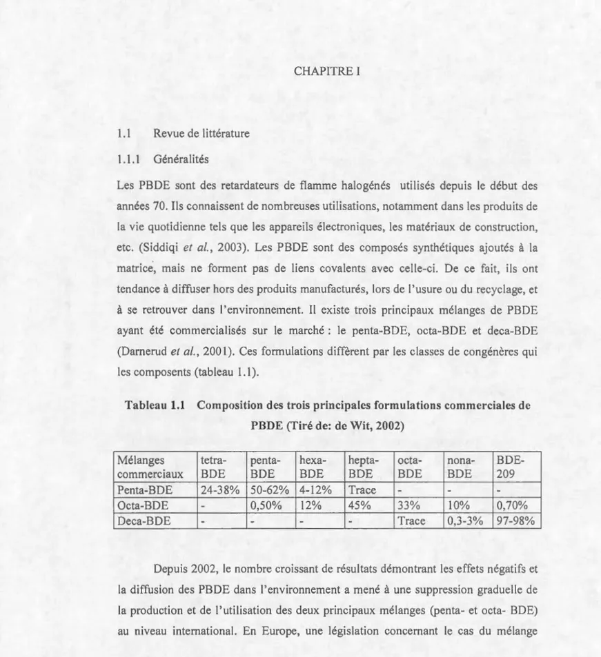 Tableau  1.1  Composition des  trois  pdncipales formulations  commet·ciale s  de  PBDE (Tiré d e : de  W it , 2 002 ) 