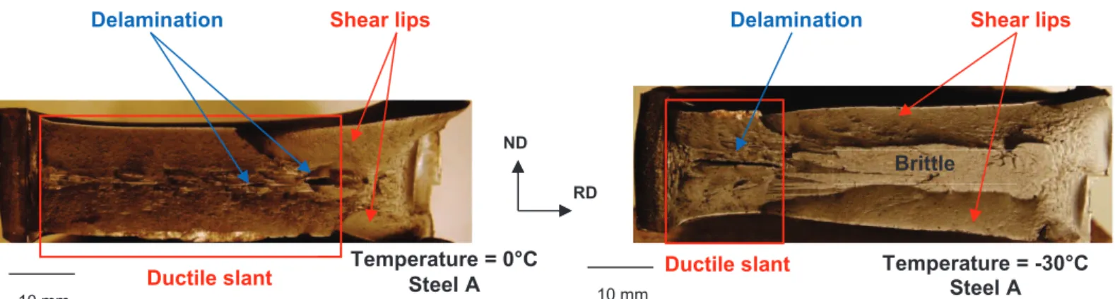 Figure II-14: Observation of ductile slant and shear lips after drop weight tear tests 