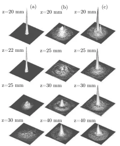Figure 2.3: Fluence profiles in the cases of (a) clipped, (b) stopped and (c) free filaments in water (input peak power P in = 13Pthr ), from [110]