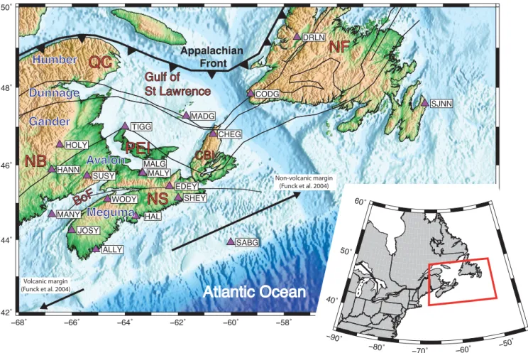 Figure 1. Locations of broad-band seismic stations (magenta triangles), boundaries separating the Humber, Dunnage, Gander, Avalon and Meguma regions