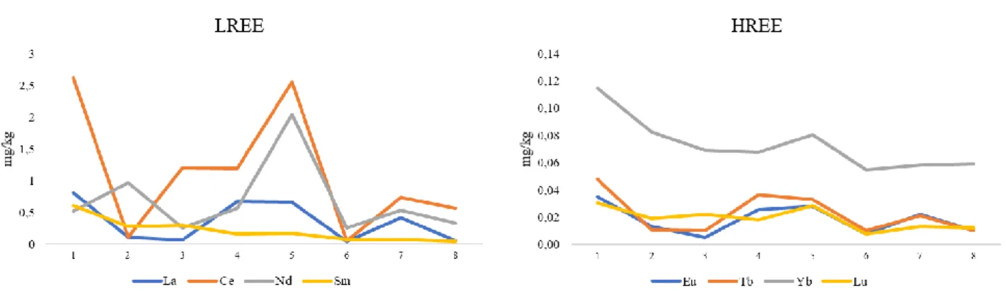 Figure  20.  Distribution  of  LREE,  RE  in  the  organ  systems  of  domestic  pigs  (Sus  scrofa domesicus), (ash, mg/kg, LgC) 