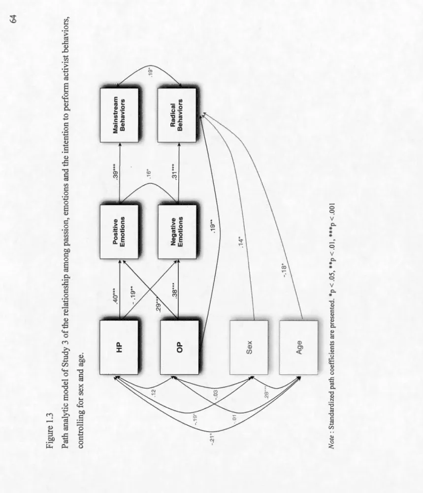 Figure 1.3  Path analytic model of Study 3 of the relationship among passion, emotions and the intention to perform activist  controlling for sex and age