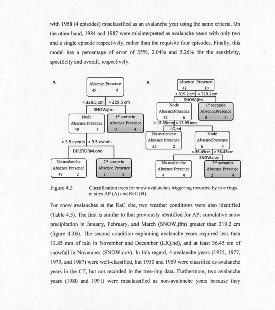 Figure 4.3  Classification trees for snow avalanches triggering  recorded  by  tree  rings 