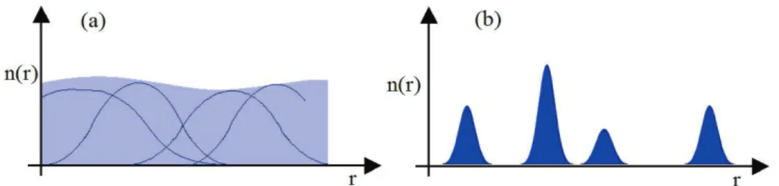 Figure 2.3: (a) Weakly-interacting conﬁguration where the wavefunctions of individual particles (blue lines) overlap, yielding a roughly homogeneous mean-ﬁeld density proﬁle (shaded area)
