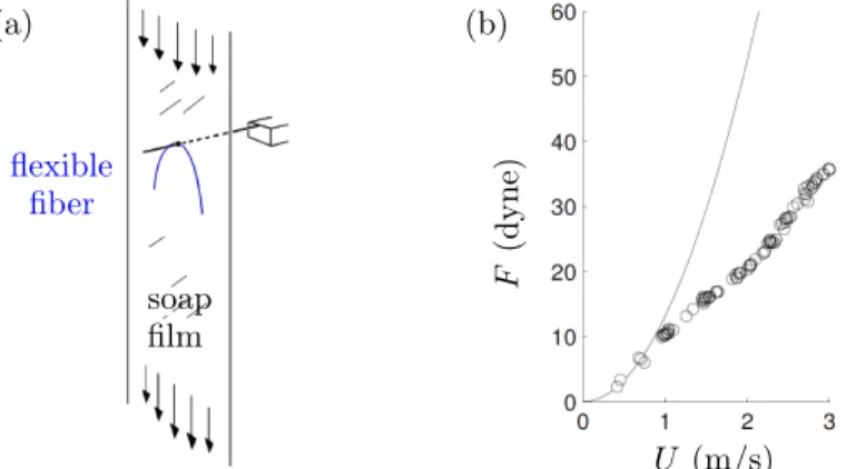Figure 1.4: (a) Experimental setup of Alben et al. (2004) and (b) evolution of the drag force on the flexible fibre as a function of the velocity of the soap film.
