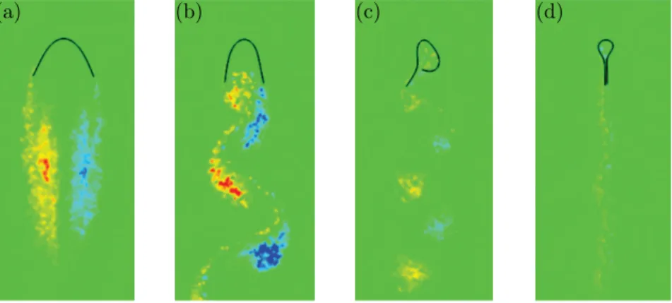 Figure 1.9: Bending modes found by Yang and Liu (2016): (a) stable U-shaped mode, (b) slight swing, (c) violent flapping, (d) closed mode.