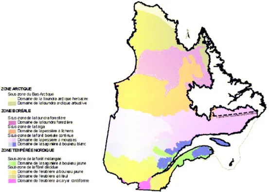 Figure 1-1    Zones bioclimatiques et de végétation retrouvées au Québec. Tirée de  MRNF (2007b), p