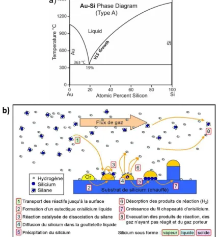 Figure 37 : Diagramme de phase Au-Si 166 et principe de croissance des nanofils de silicium selon le  mécanisme VLS 167