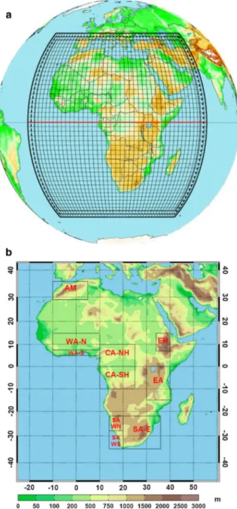 Fig.  3   a CORDEX-Africa domain for the 0.22° CRCM5 simulation,  including the ten grid point semi-Lagrangian halo and the ten grid  point Davies sponge zone; only every 10th grid box are displayed