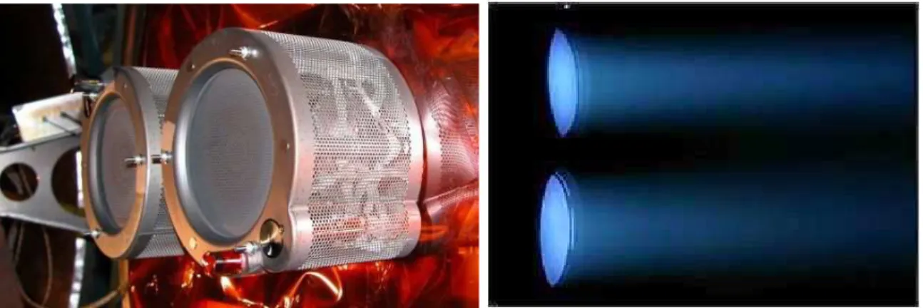 Figure 1.3 – Photos du propulseur ionique ` a grille T6 de QinetiQ qui ´equipe la mission Bepi-Colombo [ QinetiQ 2013 ].
