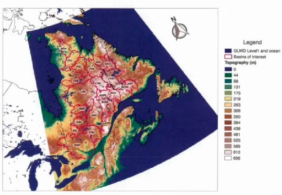 Figur  1.1:  Study  region  with  basins  of  inter ~s t ,  topography  [ rn]  and lake  