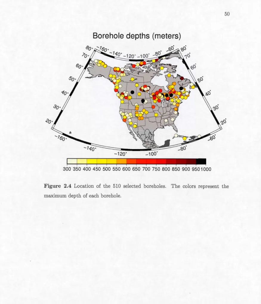 Figur e  2.4  Location  of  the  510  selected  boreholes.  The  colors  represent  the  maximum  depth of  each  borehole
