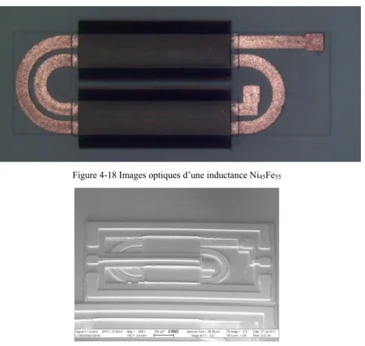 Figure 4-17 Images optiques des inductances de tours différents sans pads coplanaires : Ni 45 Fe 55 