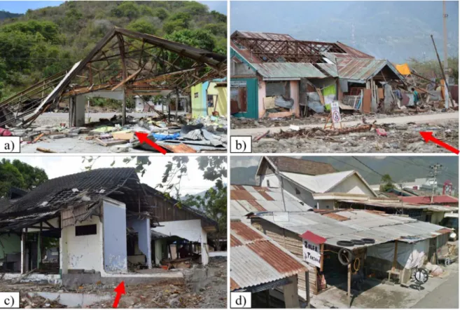 Figure 5: Typical buildings in Palu City with red arrows indicating the approximate direction of the incoming wave