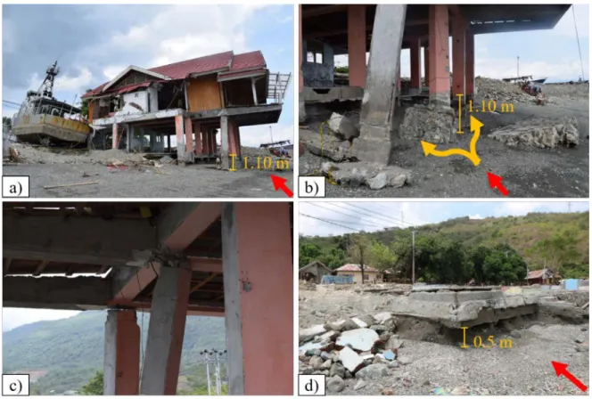 Figure 10: Effects of sustained flow scour around columns (a-c) in Watusampu and d) around the edge of a bottom slab in  477 