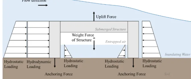 Figure 1: Vertical forces and horizontal pressure distributions on a submerged structure during tsunami inundation