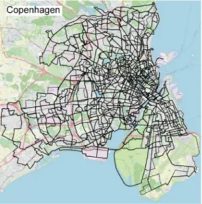 Figure 1. Study areas and sample routes for the three cities. Figure 1.Study areas and sample routes for the three cities.