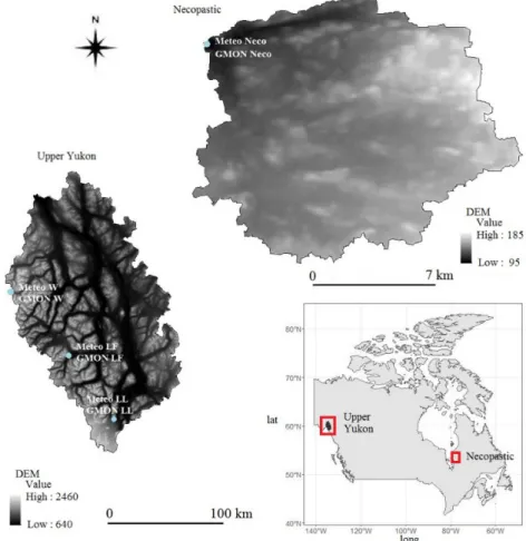 Figure 1. Location of the Upper Yukon (left) and Necopastic watersheds (upper right) in Canada as well as the location of the meteorological and snow stations in each watershed