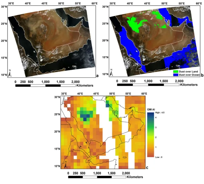 Fig. 11 Results of the proposed algorithm (a), MODIS RGB images (b), and OMI AI (c) obtained on June 3 2011