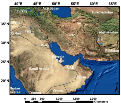 Fig. 1 The study area, the Middle East region around the Persian Gulf. 