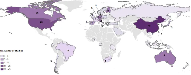 Figure 6 illustrates the worldwide distribution of the 39 countries represented. As shown, most studies pertaining to UAV imagery for agro-environmental monitoring are mainly located in North America, Asia, and Europe