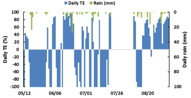 Figure 6. Daily TE (%) and daily rainfall for basins B1–B2 in series. 