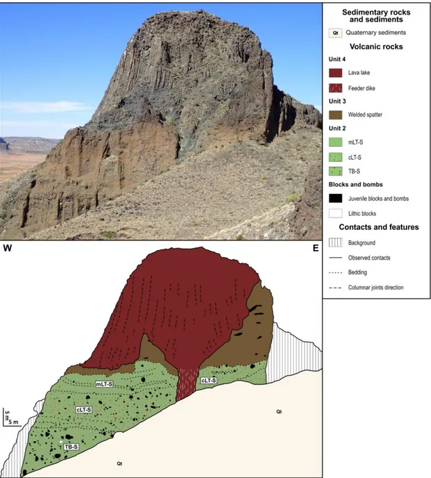 Fig. 5 Geology of the south cliff of the North Peak. mLT-S = phreato-strombolian medium lapilli tuff, 