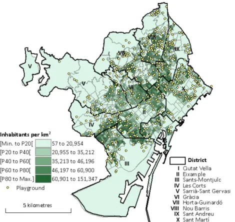 Figure 1. Playground location and population density for Barcelona district division 