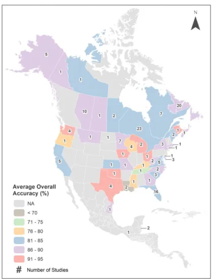 Figure 9. Average overall accuracy (colors) and the number of studies (numbers) in North American 