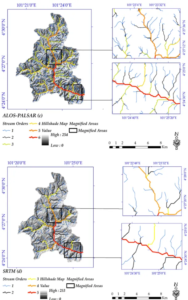 Figure 8. DEMs of (a) Sentinel-1; (b) airborne synthetic aperture Radar (AIRSAR); (c) advanced land  observing satellite phase array L-band synthetic aperture radar (ALOS-PALSAR); and (d) SRTM