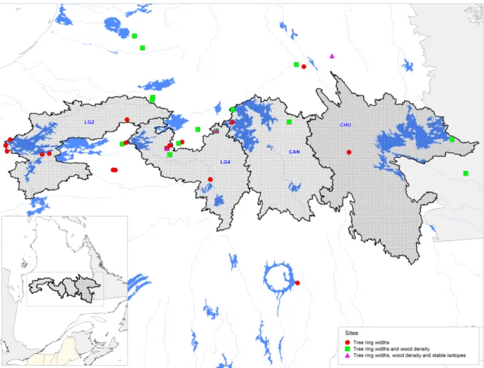 Figure 2. The locations of the four watersheds are highlighted in dark grey (LG2 [La Grande 2], LG4 [La Grande 4], CAN