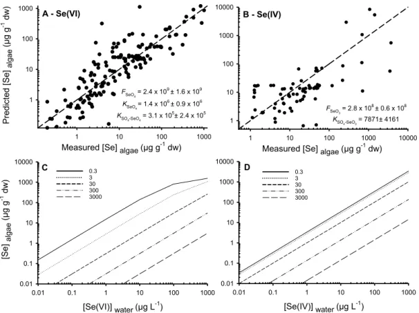 Figure 7. Predicted algae selenium concentrations (Predicted [Se] algae , µg g -1  dw) from the competition  model (Equation (12)) of sulfate with (A) selenate (Se(VI)) and (B) selenite (Se(IV)) as a function of  measured algae selenium concentrations (Mea