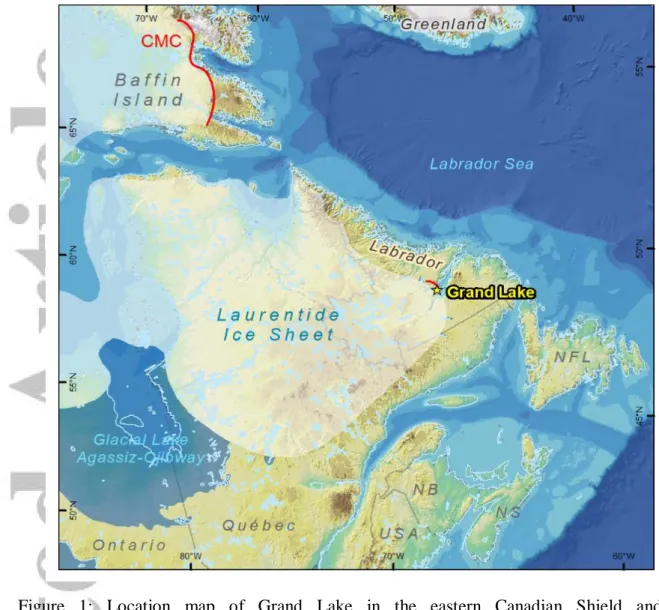 Figure  1:  Location  map  of  Grand  Lake  in  the  eastern  Canadian  Shield  and  its  paleoenvironmental context around 8.45 ka