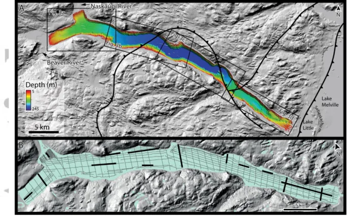 Figure  2:  (a)  High-resolution  swath  bathymetric  map  of  Grand  Lake.  Dotted  black  lines  represent  geological  faults  formed  during  the  Grenville  Orogen  (Green,  1974)