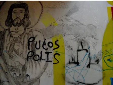 Figure  1: &#34;Putos Polis&#34; (Police whores) + mural representing Jesus by the volcano near Mexico City,  Santa Martha Acatitla