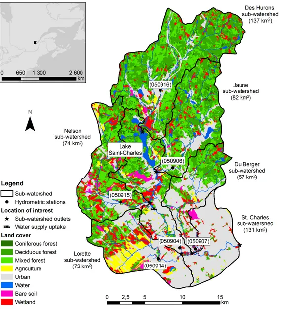 Fig.  1.  Location  of the St. Charles River watershed, including sub-watershed delineation, hydrometric  stations, locations of interest and 2014 land cover map (Blanchette et al., 2018)