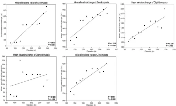 Figure 3.  Elevation ranges in each of the major fungal phyla on Mt. Norikura. The mean range of OTUs in all 