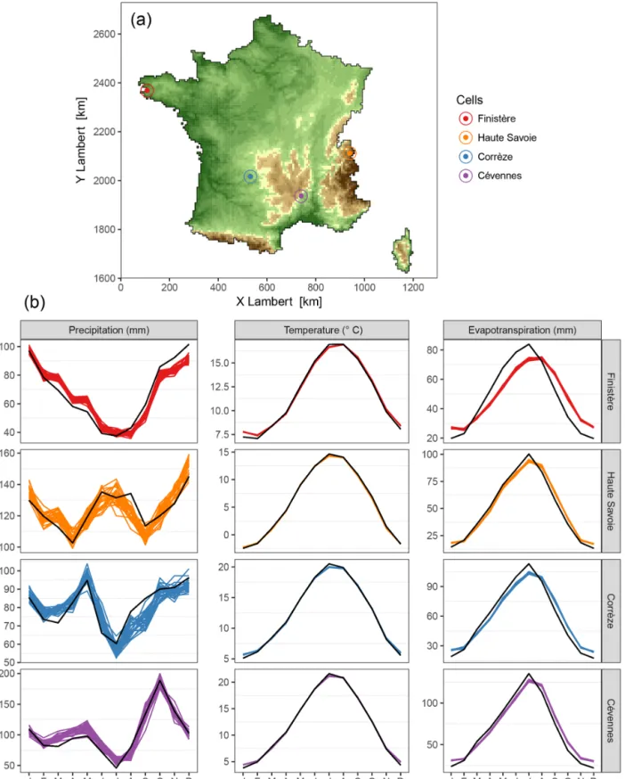 Figure 7. (a) Topographical map of France with location of the 4 case study cells: Finistère in Brittany, Haute-Savoie in the French Alps, Corrèze in the south-west, and Cévennes in the Massif Central mountain range