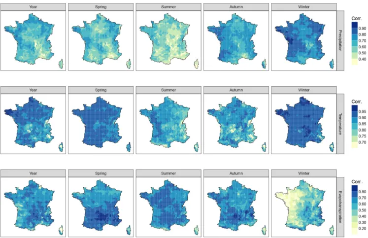 Figure 10. Median of annual and seasonal precipitation (top row), temperature (middle row), and reference evapotranspiration (bottom row) correlation between Safran and SCOPE Climate for the 1959–2007 period.