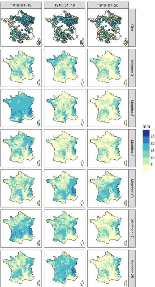 Figure 3. 18 to 20 January 1910 precipitation. Top: observations currently available from the Météo-France database