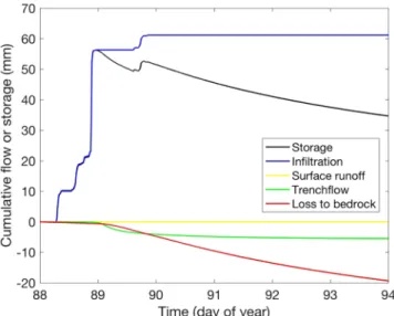 Figure 7. Time evolution of different terms of the water balance during the simulation of the 30 March 2002 rainstorm.
