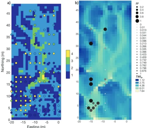 Figure 5. (a) Simulated maximum water level rise above the soil-bedrock interface in response to the 30 March 2002 rainstorm