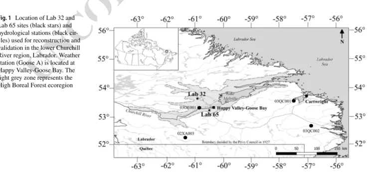 Fig. 1    Location of Lab 32 and  Lab 65 sites (black stars) and  hydrological stations (black  cir-cles) used for reconstruction and  validation in the lower Churchill  River region, Labrador