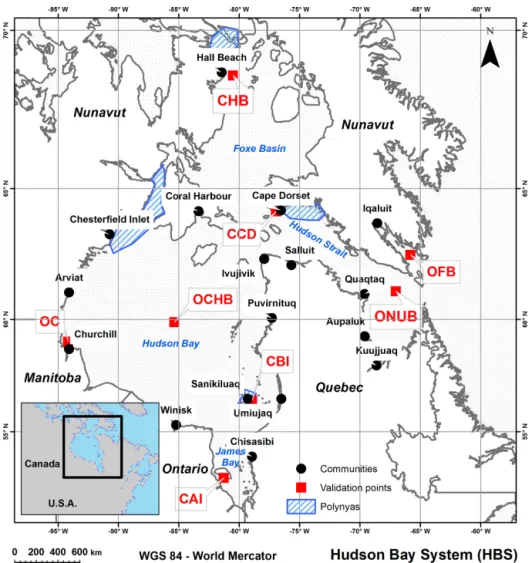 Figure 1. The Hudson Bay system with communities, model validation points and polynyas.