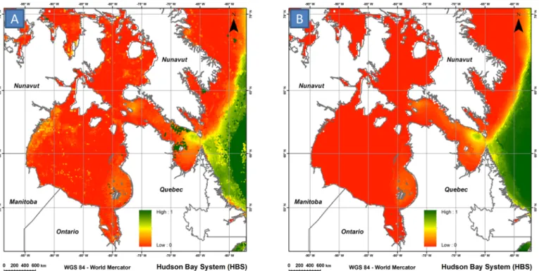 Figure 4. Comparison of IcePAC results for non-systematic (i.e. based on Mann–Kendall test result) trend removal (a) and systematic trend removal (b), on the resulting map for the probability of observing a SIC &lt; 50 % on week 1.